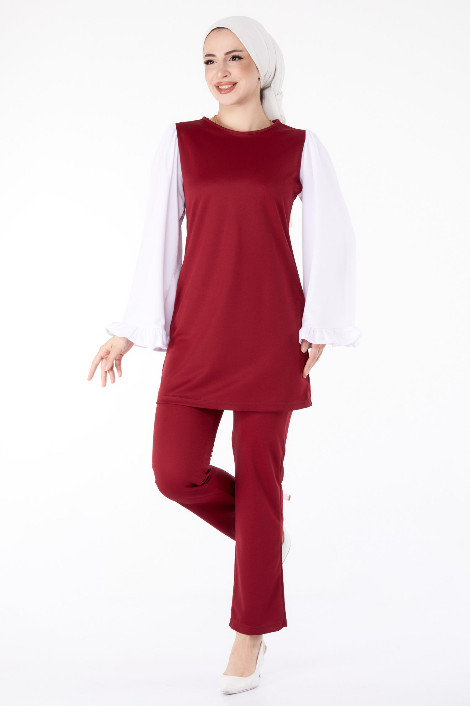 Düz Bisiklet Yaka Kadın Bordo Tunik Pantolon İkili Takım  - 13198