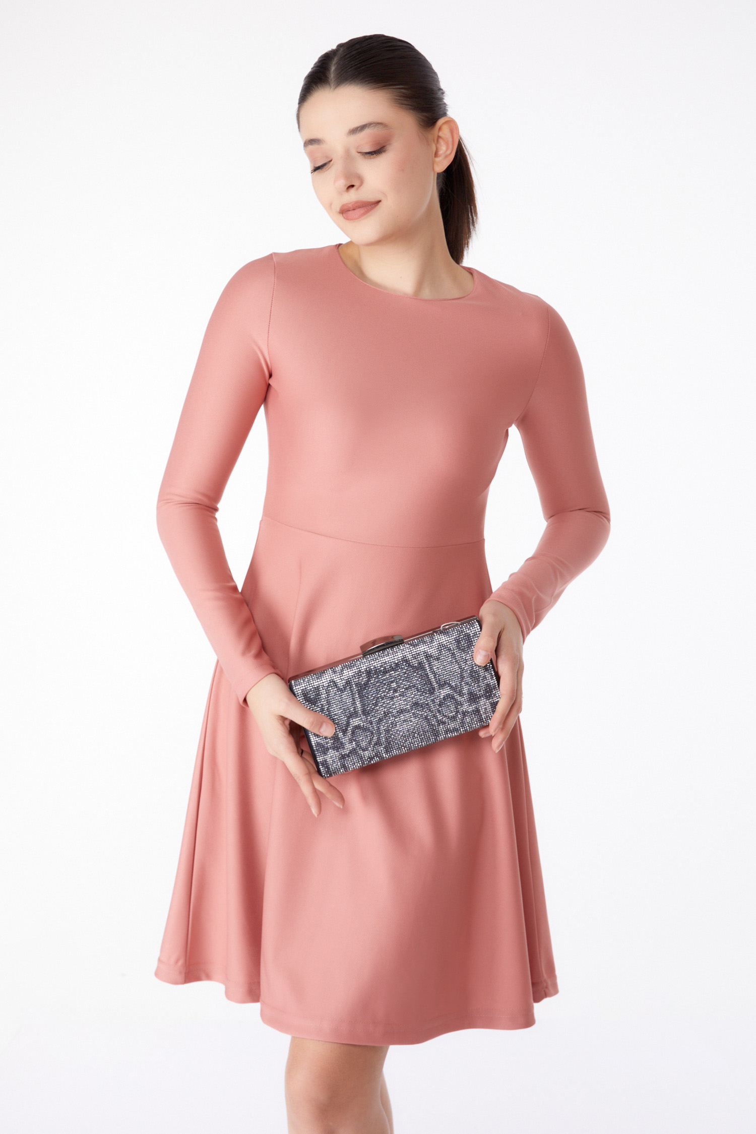 Düz Bisiklet Yaka Kadın Gül Mini Abiye Elbise - 13191