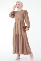 Beli Bağcıklı Elbise Vizon - 13144 - TOFİSA