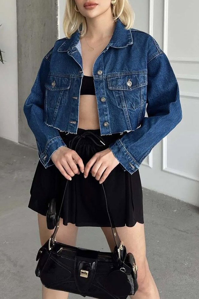 Kadın Çift Cepli Lazer Kesim Crop Kot Ceket Koyu Mavi - 26582
