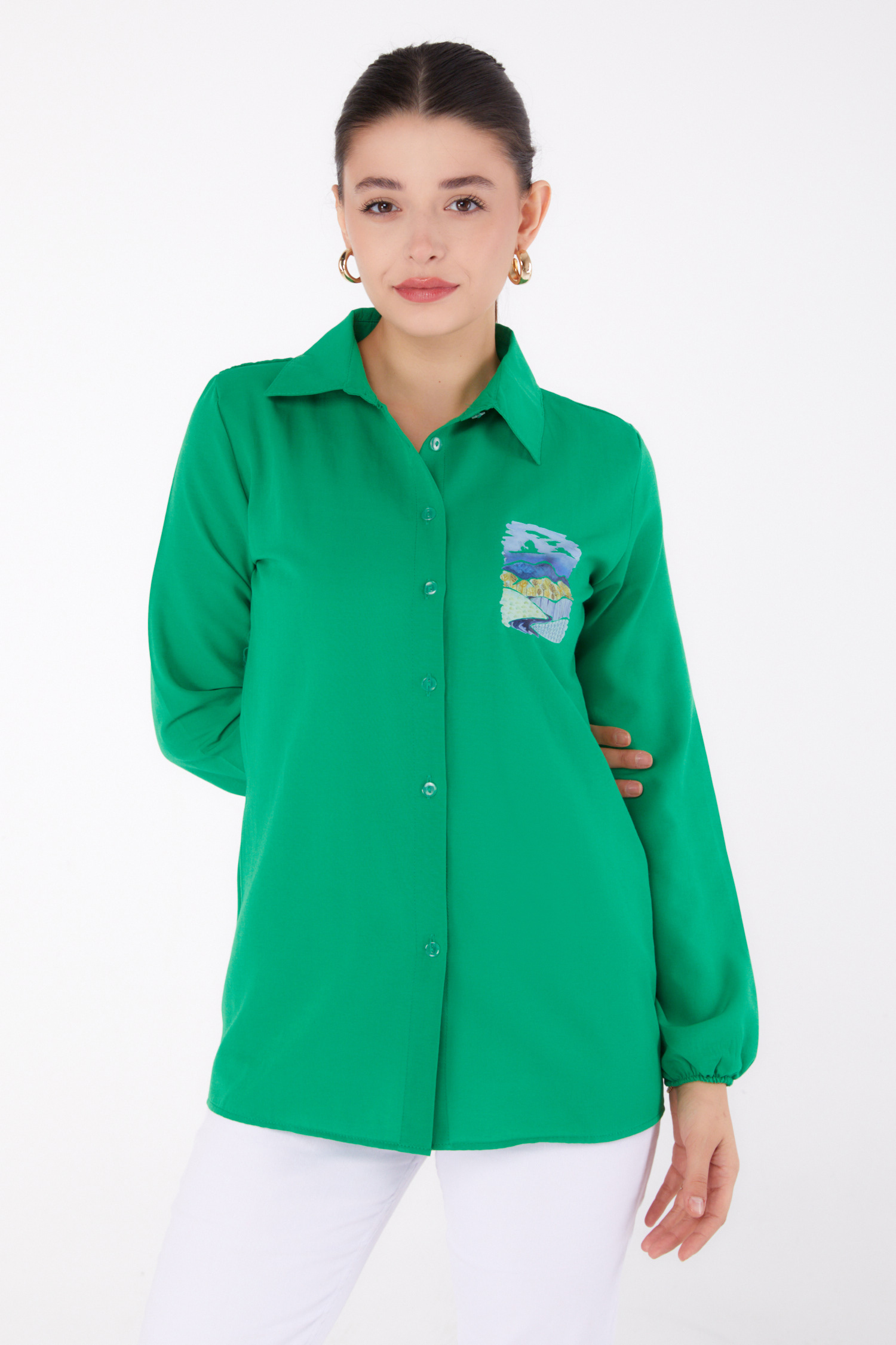 Baskılı Gömlek Yesil - 13340