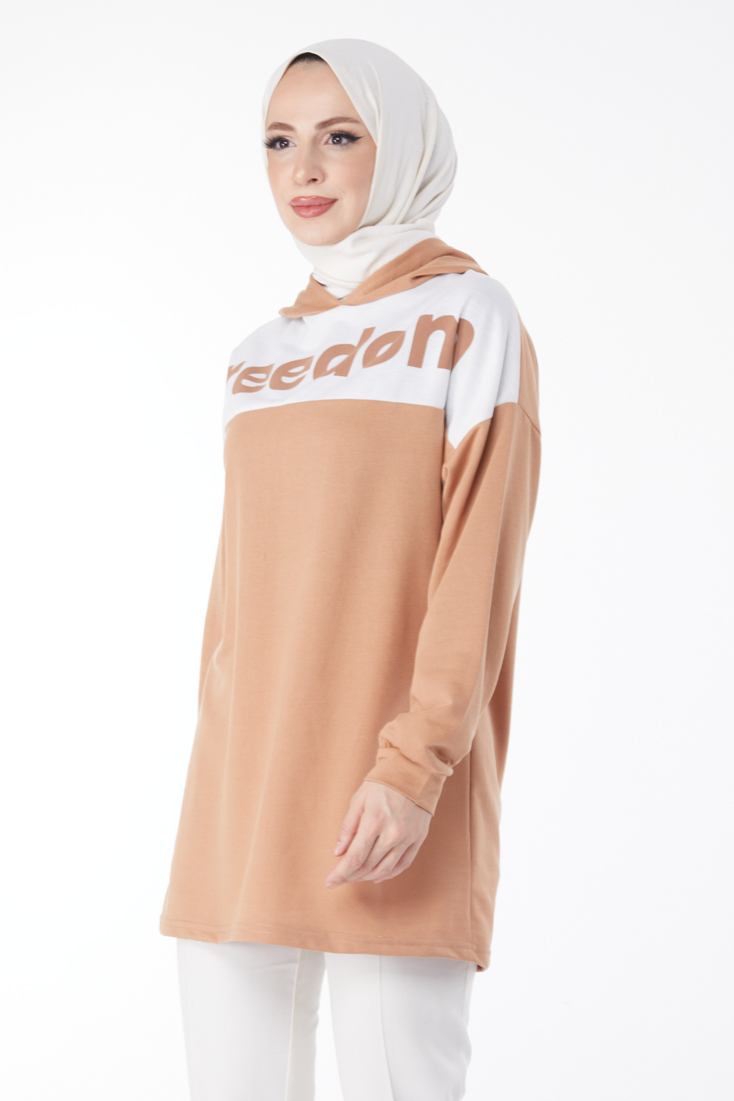 Düz Kapşonlu Yaka Kadın Biskuvi Baskılı Kapşonlu Sweatshirt - 13134