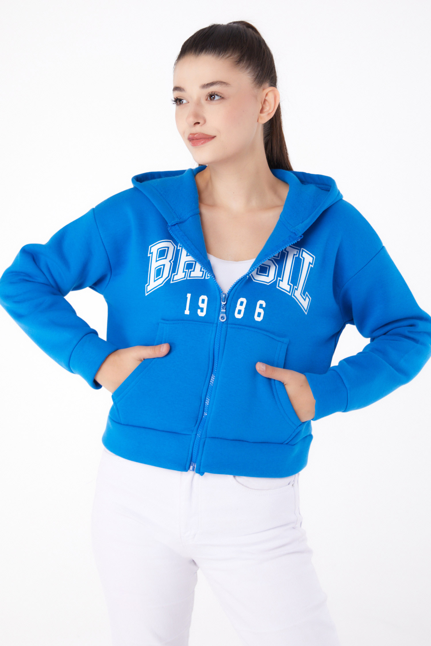 Düz Kapşonlu Yaka Kadın Mavi Fermuarlı Crop Sweatshirt - 26278