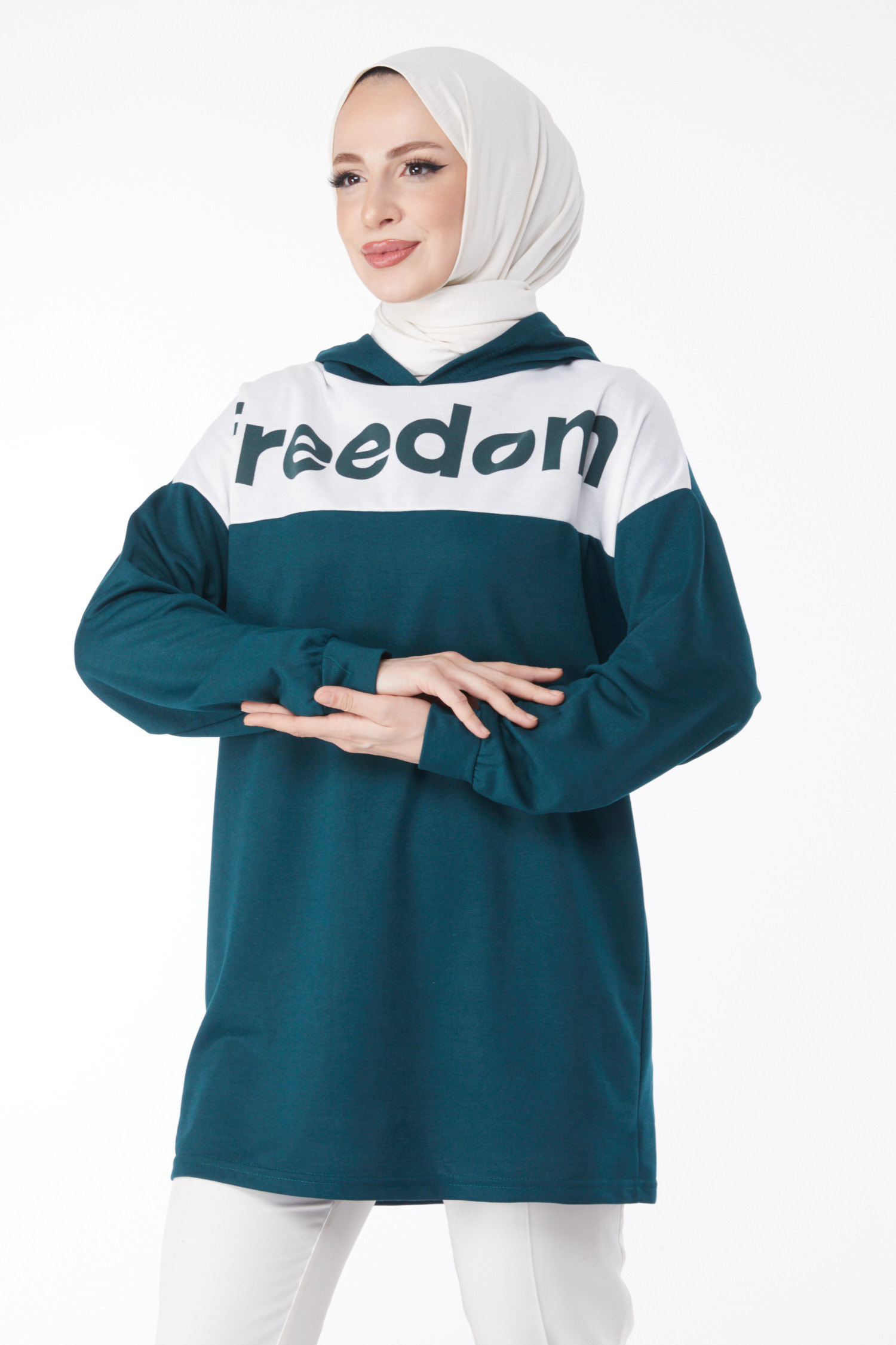 Düz Kapşonlu Yaka Kadın Zümrüt Baskılı Kapşonlu Sweatshirt - 13134