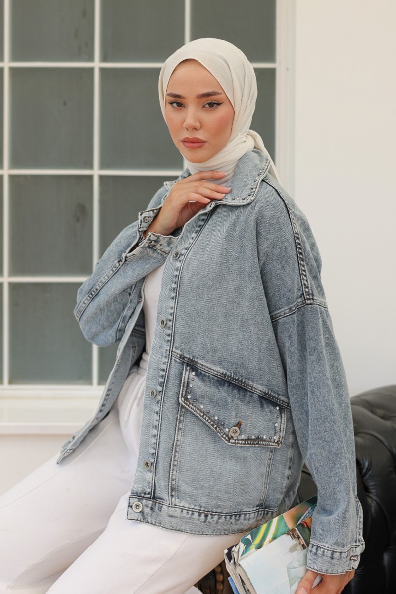 Kadın Taş Detaylı Oversize Denim Kot Ceket Acik Mavi - 26572