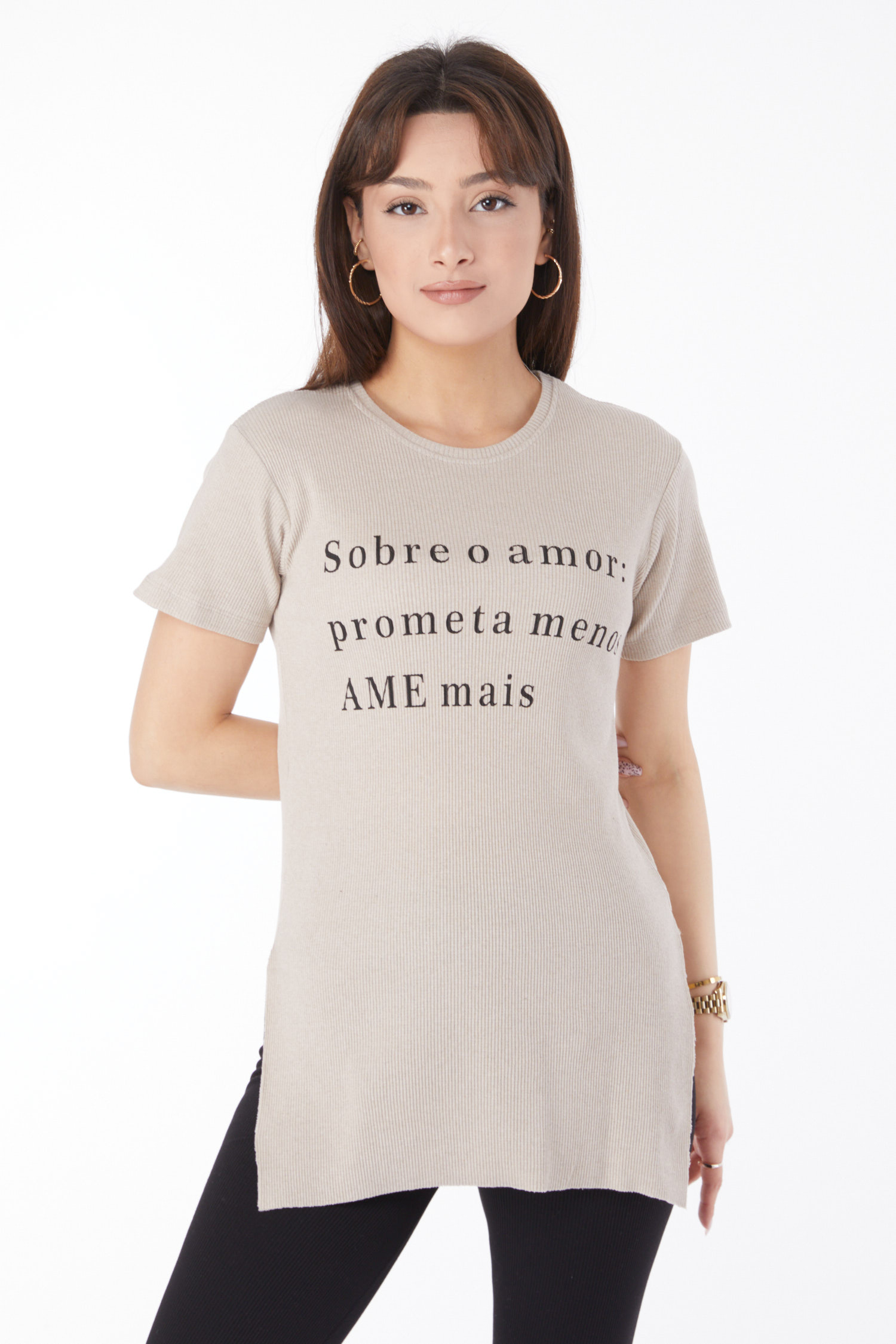 Baskılı Yırtmaçlı T-shirt Bej - 24792