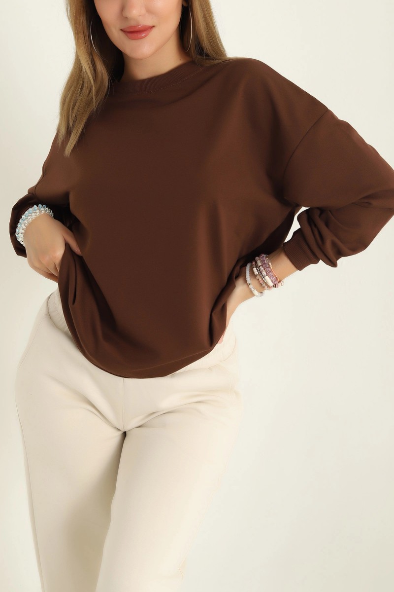 Kadın Bisiklet Yaka Oversize Sweatshirt Kahve - 26567
