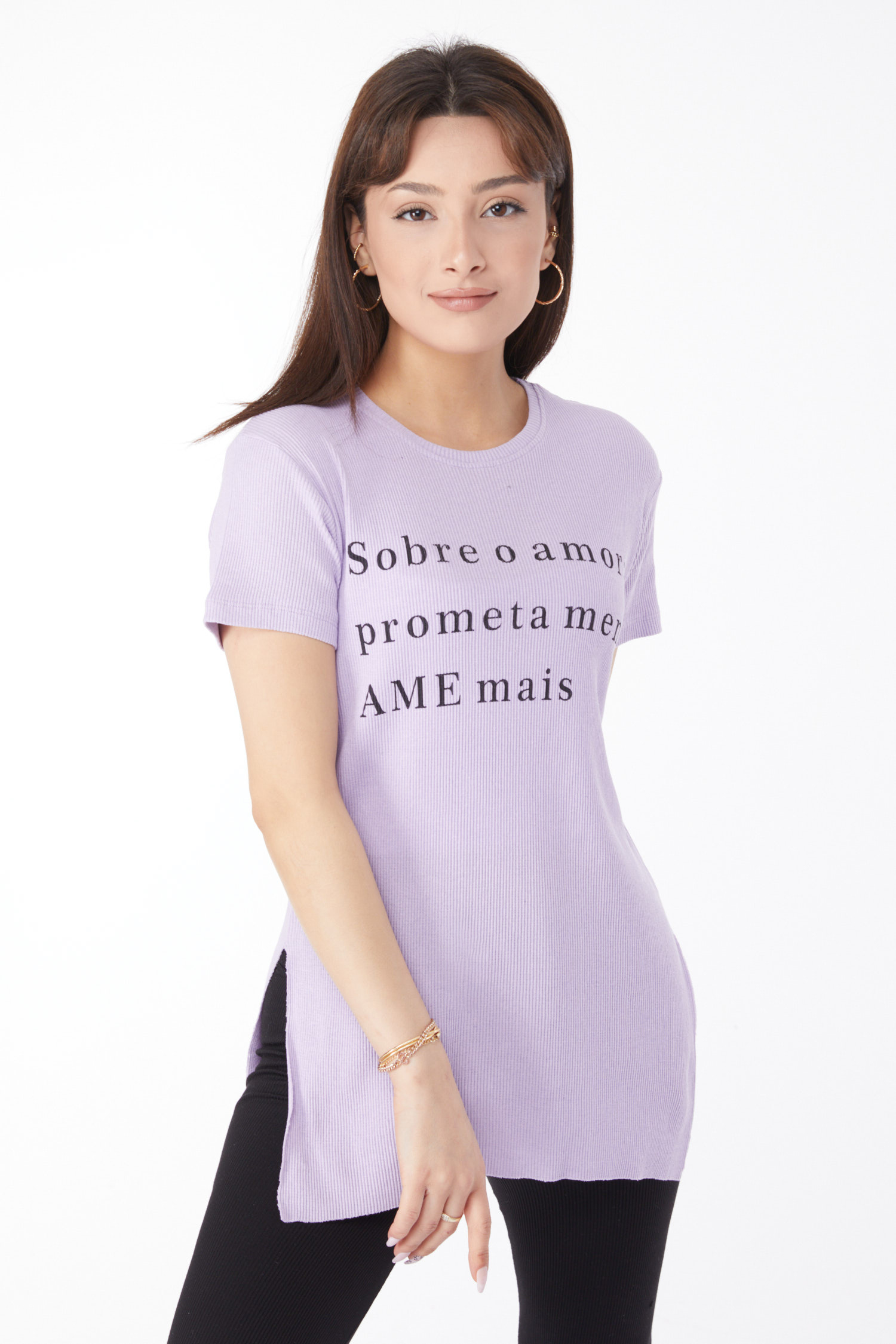 Düz Orta Kadın Lila Baskılı Yırtmaçlı T-shirt - 24792