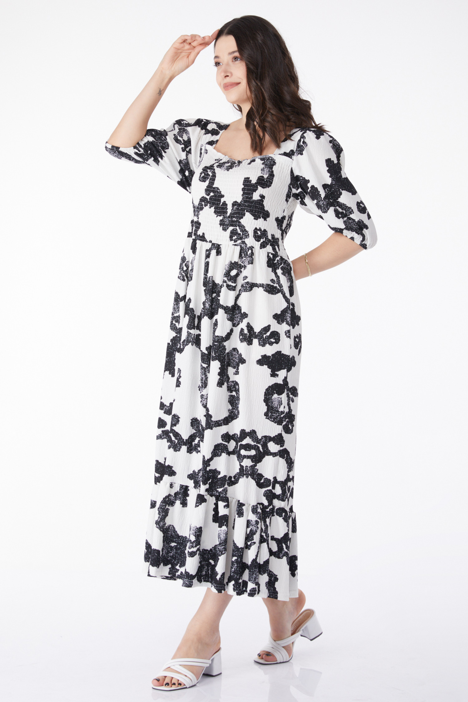 Desenli Midi Elbise Siyah - 25241