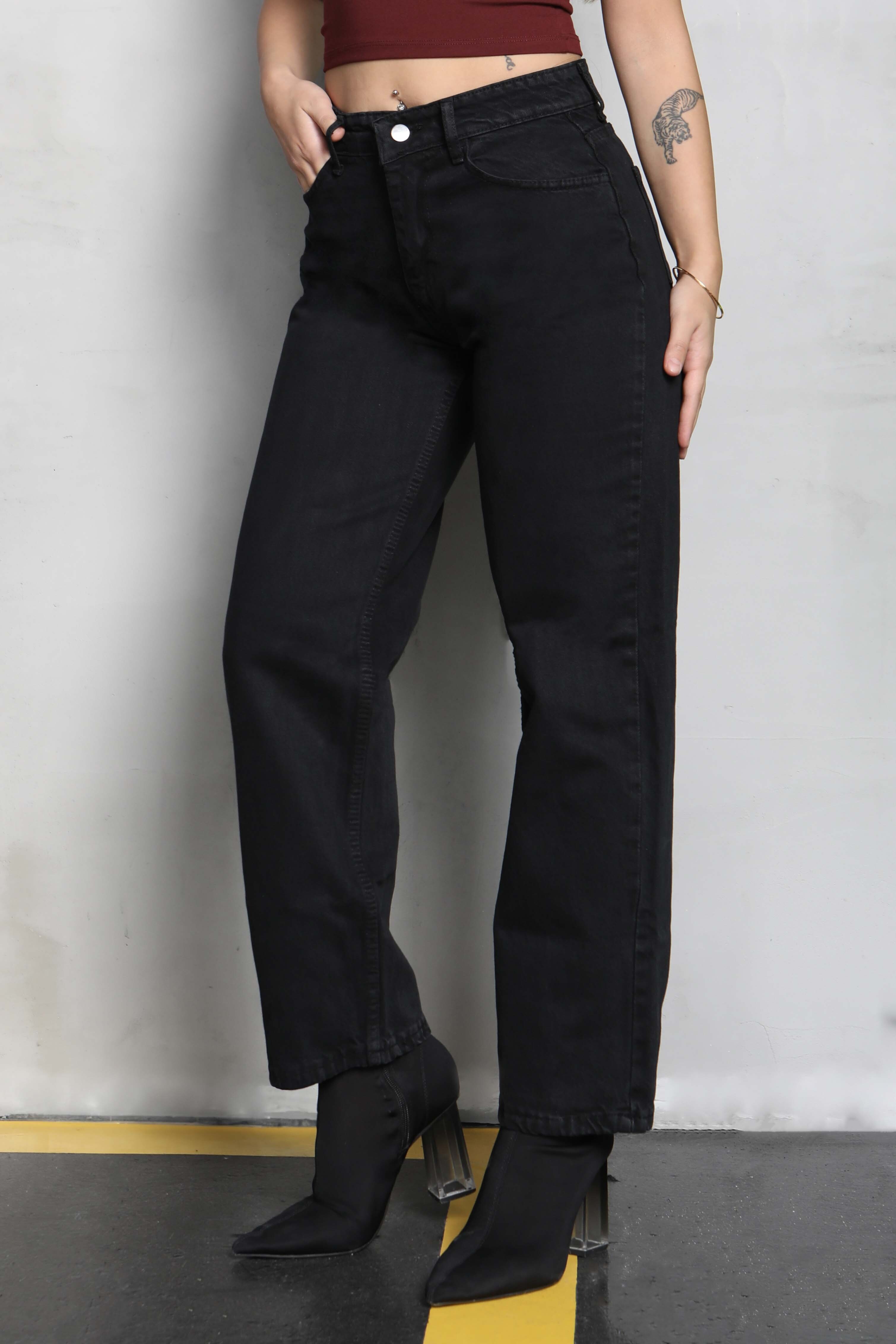 Yüksek Bel Mom Kot Pantolon Siyah - 23666