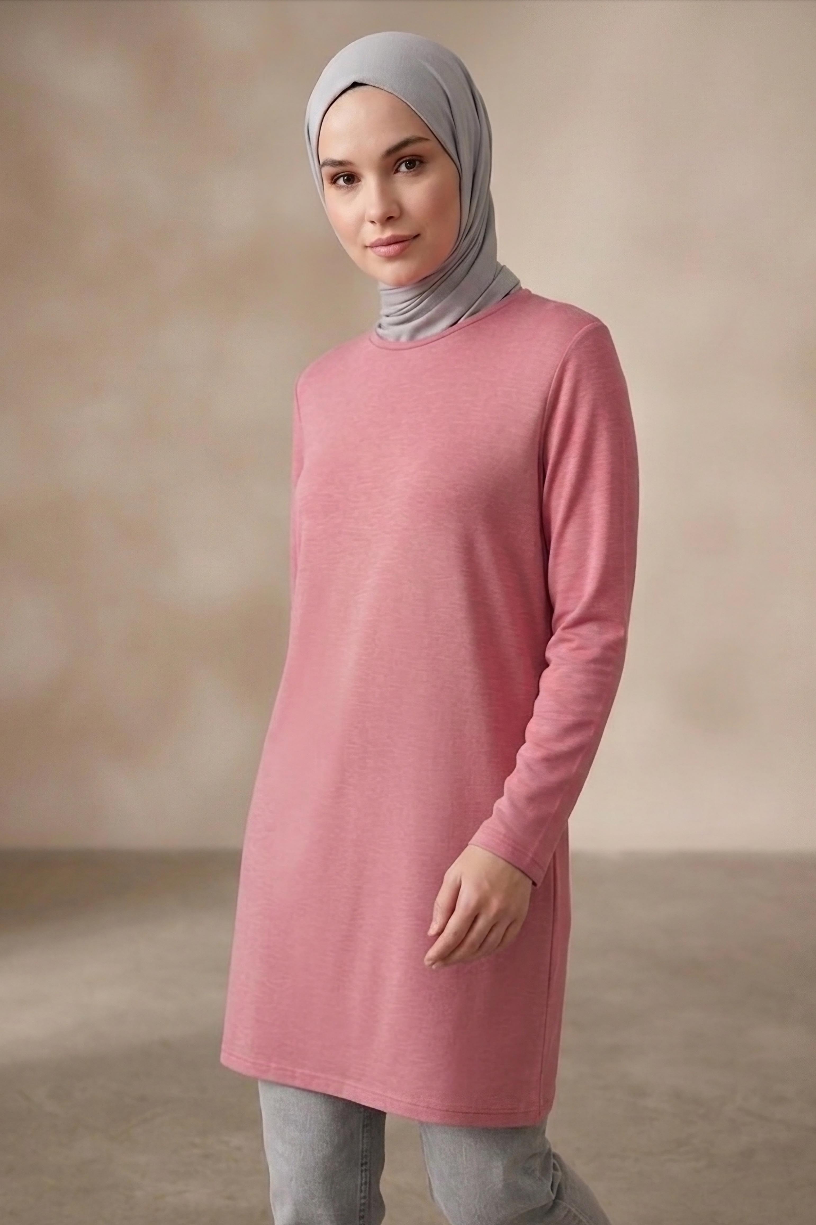 Düz Viskon Uzun Kollu Tunik Pembe - 2109-PEMBE