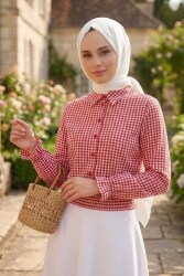 Ekoseli Beli Lastikli Gömlek Kirmizi - 28677-KIRMIZI - TOFİSA