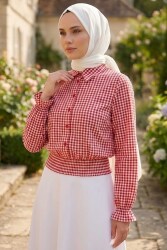 Ekoseli Beli Lastikli Gömlek Kirmizi - 28677-KIRMIZI - TOFİSA (1)