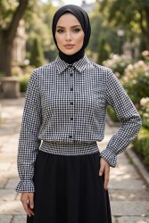 Ekoseli Beli Lastikli Gömlek Siyah - 28677-SIYAH - TOFİSA (1)
