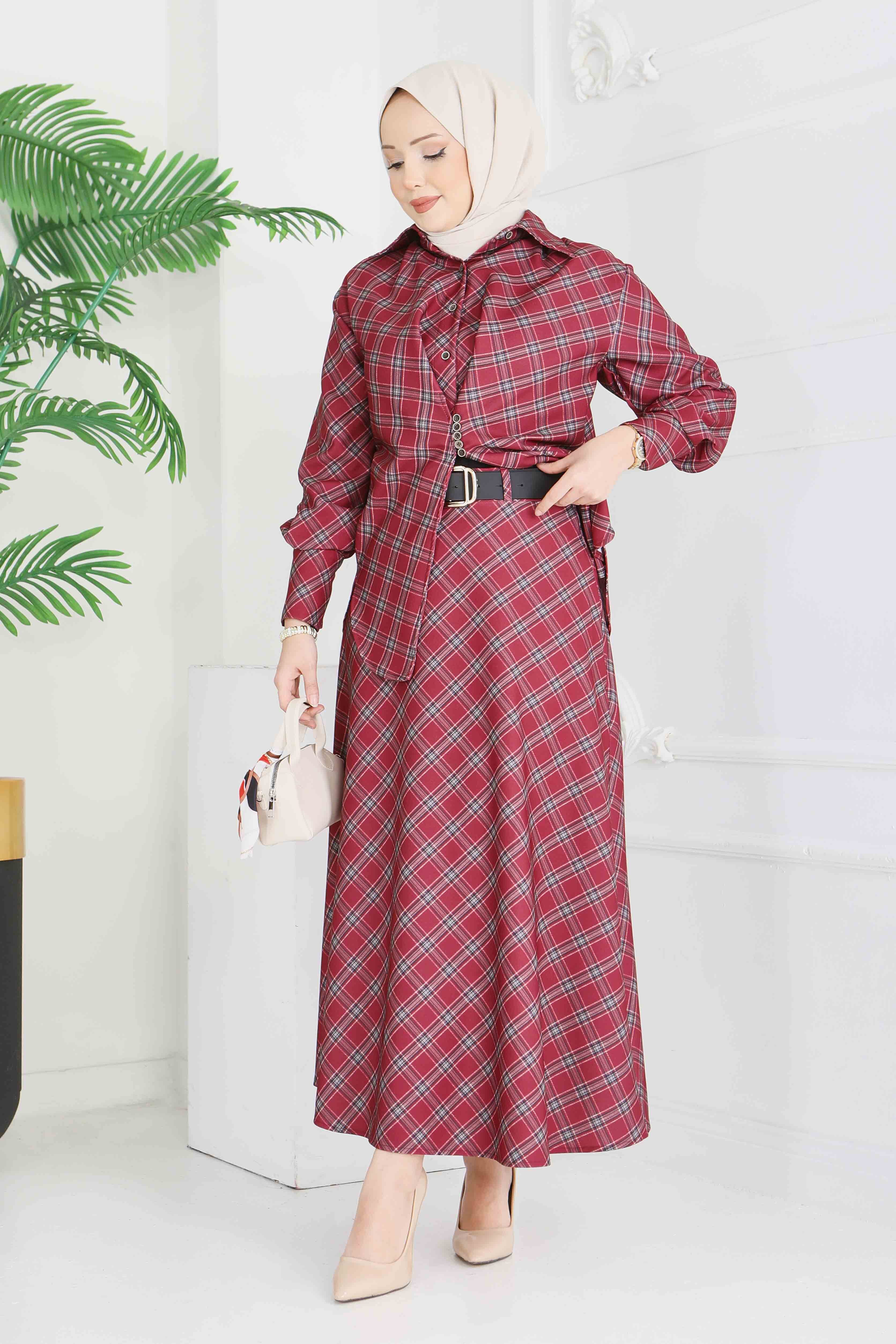 Ekoseli Etek Takım  - 28286-BORDO