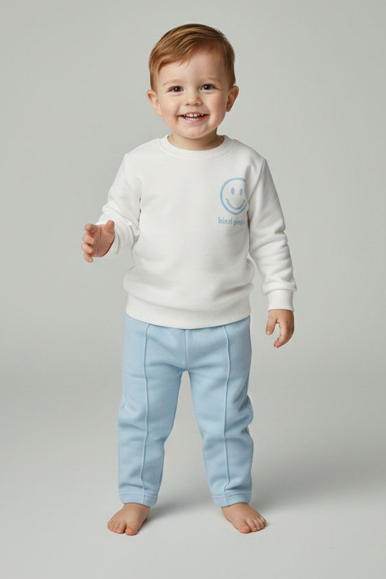 Erkek Çocuk Bebe Mavi Baskılı Şardonlu Pijama Takımı - 28131-BEBE-MAVI