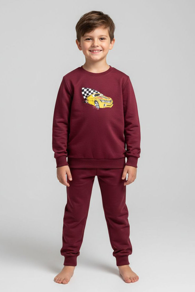 Erkek Çocuk Bordo Baskılı İki İplik Çocuk Pijama Takımı - 28273-BORDO