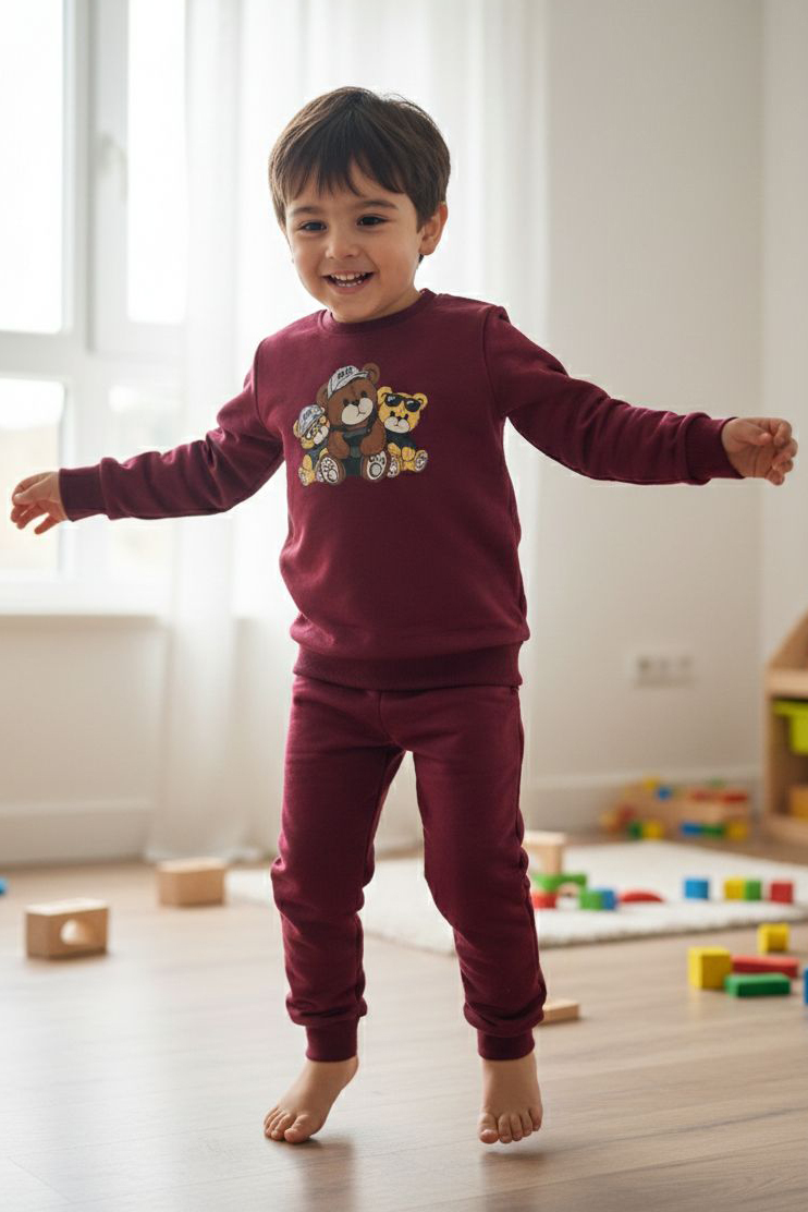 Erkek Çocuk Bordo Baskılı İki İplik Çocuk Pijama Takımı - 28274-BORDO