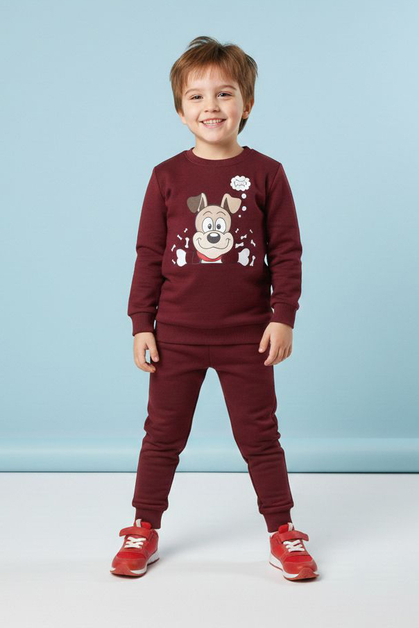 Erkek Çocuk Bordo Baskılı İki İplik Pijama Takımı - 28199-BORDO