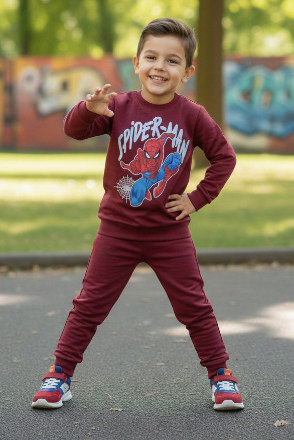 Erkek Çocuk Bordo Baskılı İki İplik Pijama Takımı - 28200-BORDO