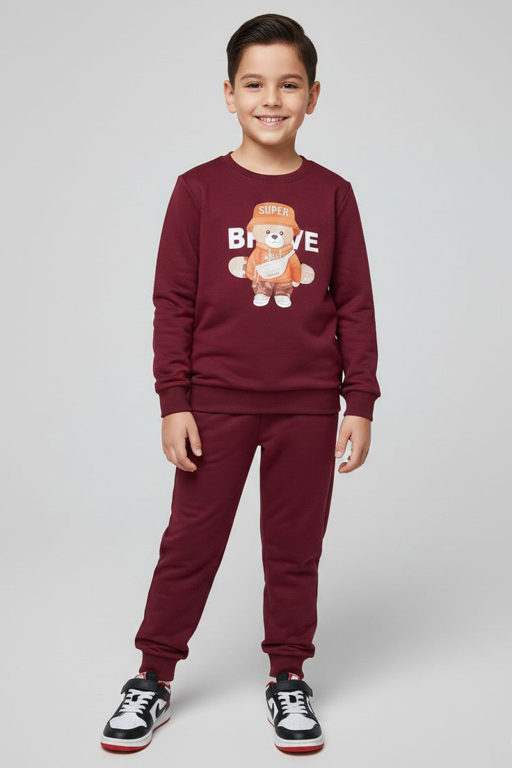 Erkek Çocuk Bordo Baskılı İki İplik Pijama Takımı - 28231-BORDO