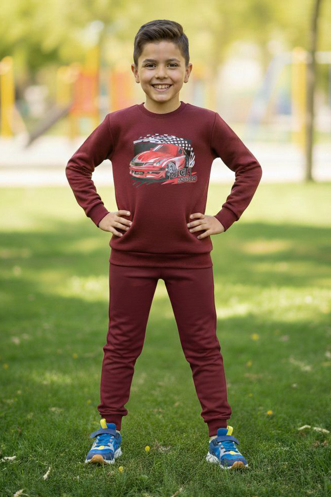 Erkek Çocuk Bordo Baskılı İki İplik Pijama Takımı - 28232-BORDO