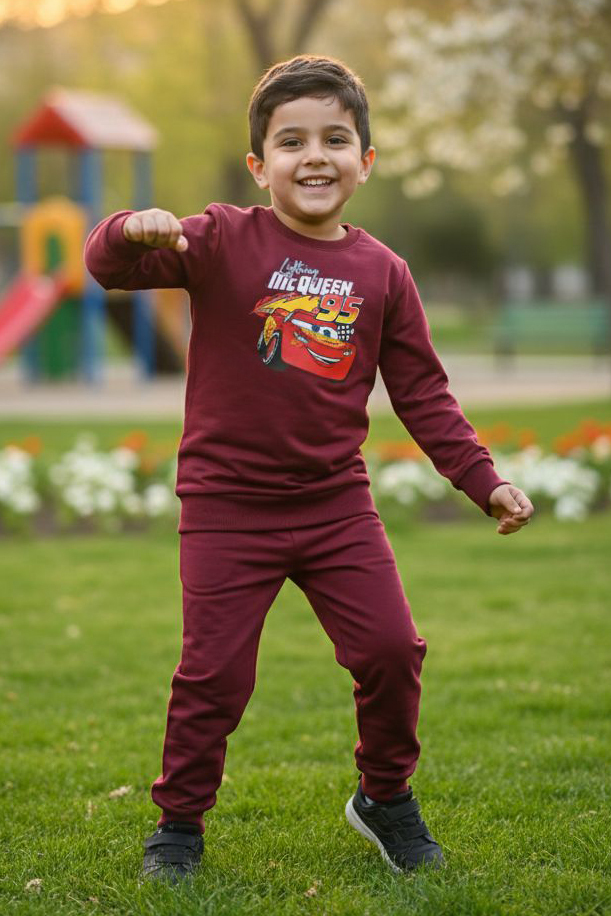Erkek Çocuk Bordo Baskılı İki İplik Pijama Takımı - 28272-BORDO