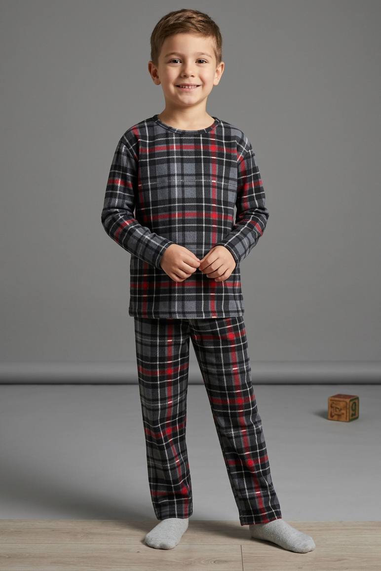 Erkek Çocuk Füme Ekoseli Süet Pijama Takımı - 28327-FUME