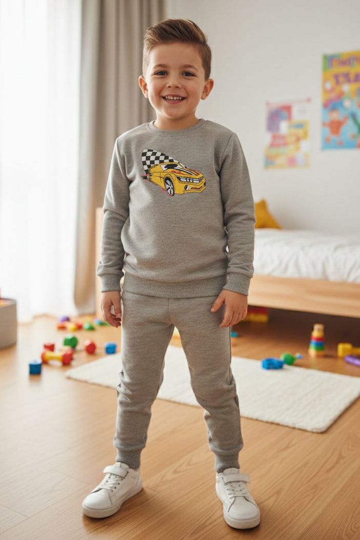 Erkek Çocuk Gri Baskılı İki İplik Çocuk Pijama Takımı - 28273-GRI