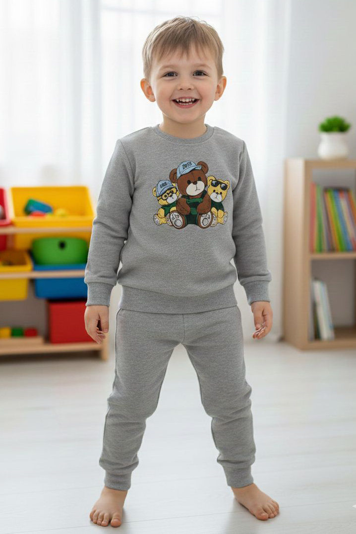 Erkek Çocuk Gri Baskılı İki İplik Çocuk Pijama Takımı - 28274-GRI