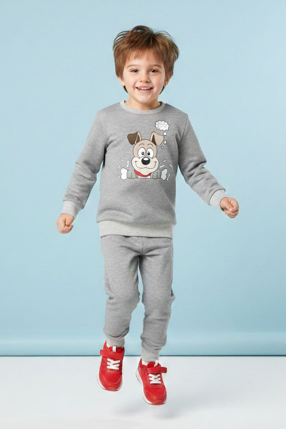 Erkek Çocuk Gri Baskılı İki İplik Pijama Takımı - 28199-GRI