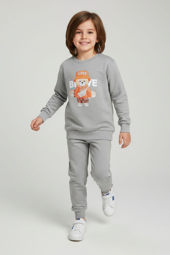 Erkek Çocuk Gri Baskılı İki İplik Pijama Takımı - 28231-GRI