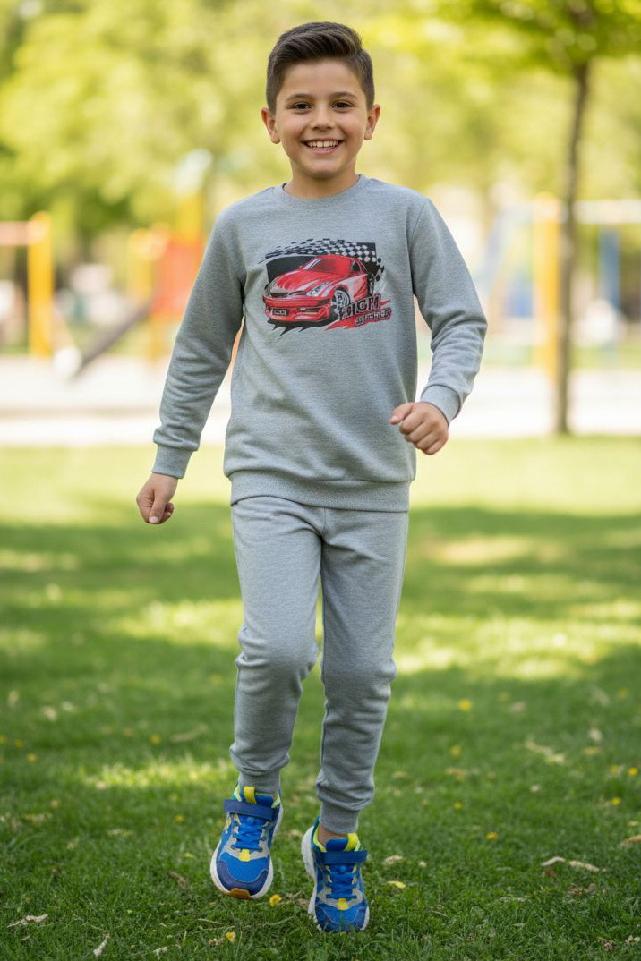 Erkek Çocuk Gri Baskılı İki İplik Pijama Takımı - 28232-GRI