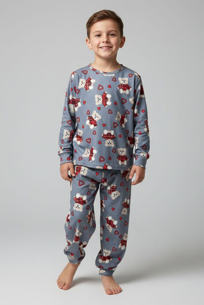 Erkek Çocuk Gri Baskılı Süet Pijama Takımı - 28168-GRI