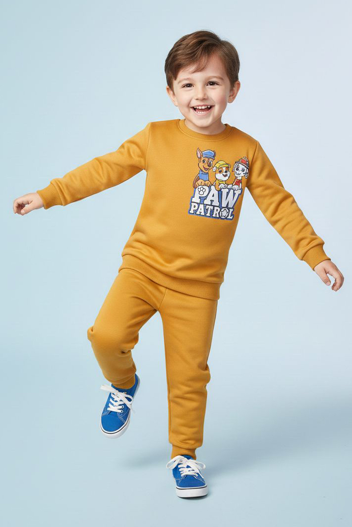 Erkek Çocuk Hardal Baskılı İki İplik Pijama Takımı - 28193-HARDAL