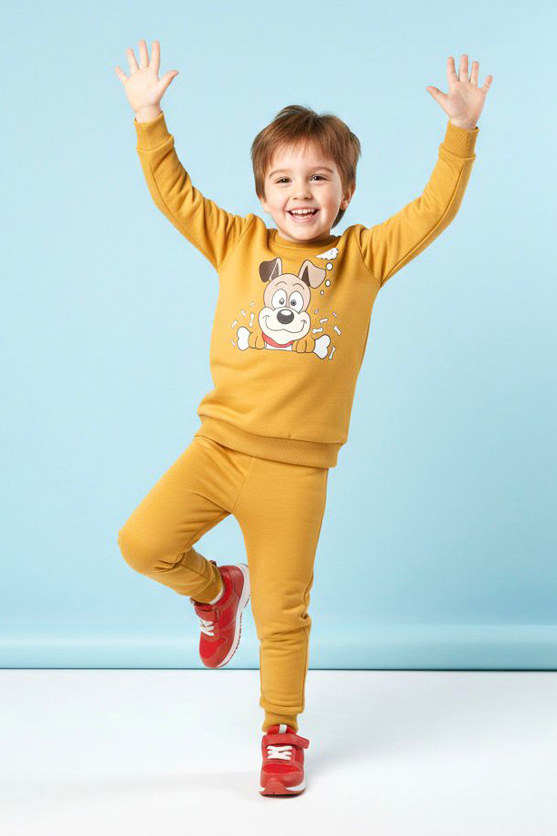 Erkek Çocuk Hardal Baskılı İki İplik Pijama Takımı - 28199-HARDAL