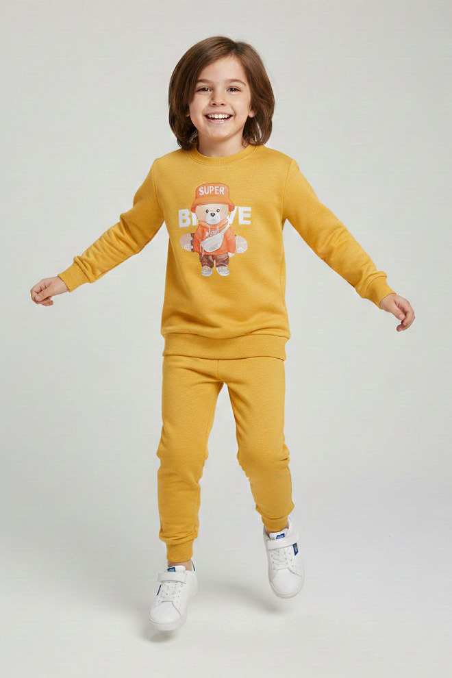 Erkek Çocuk Hardal Baskılı İki İplik Pijama Takımı - 28231-HARDAL