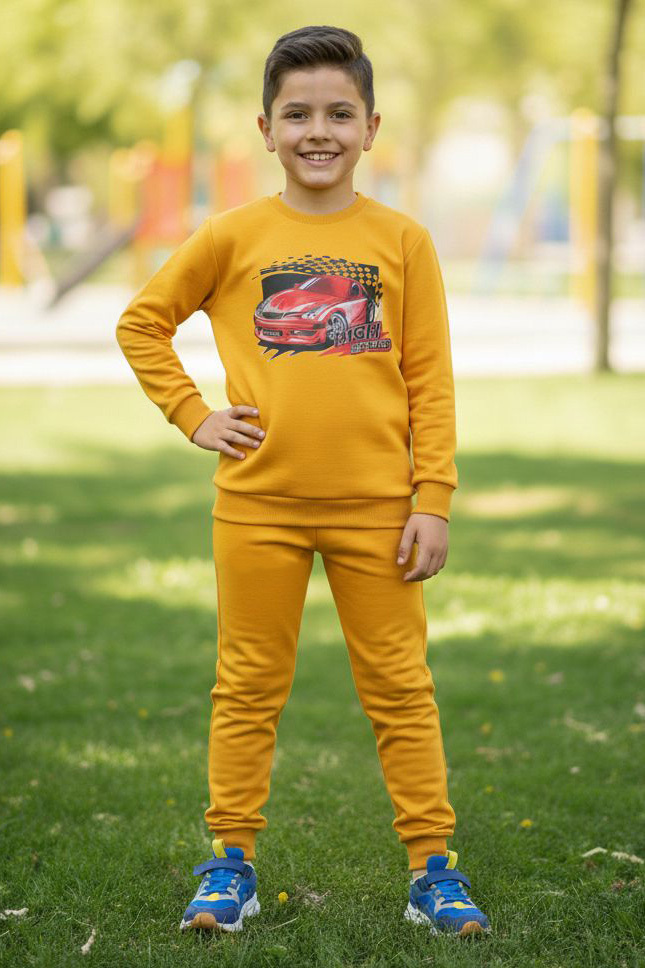 Erkek Çocuk Hardal Baskılı İki İplik Pijama Takımı - 28232-HARDAL