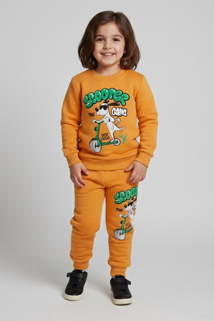 Erkek Çocuk Hardal Baskılı Şardonlu Pijama Takımı - 28100-HARDAL