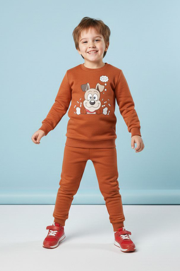 Erkek Çocuk Kiremit Baskılı İki İplik Pijama Takımı - 28199-KIREMIT