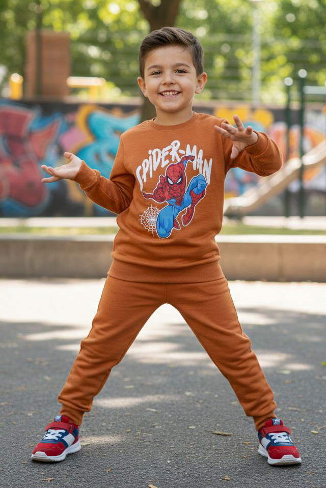 Erkek Çocuk Kiremit Baskılı İki İplik Pijama Takımı - 28200-KIREMIT
