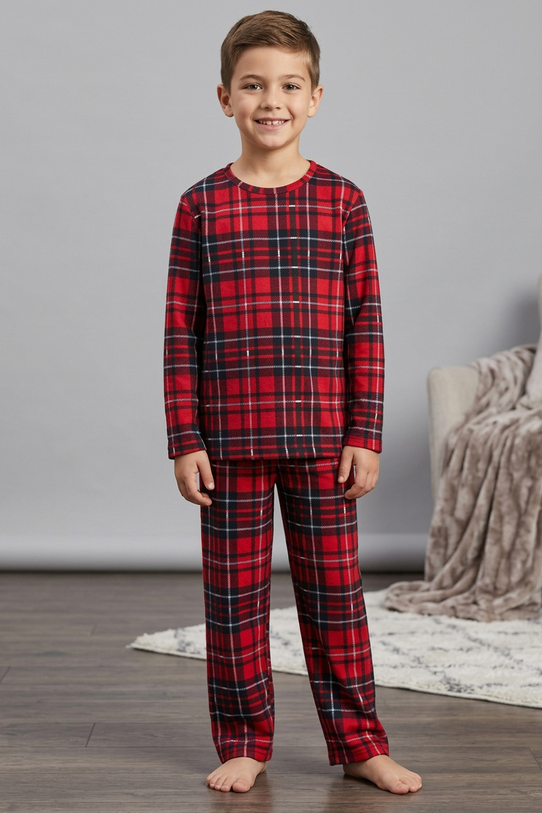 Erkek Çocuk Kirmizi Ekoseli Süet Pijama Takımı - 28327-KIRMIZI