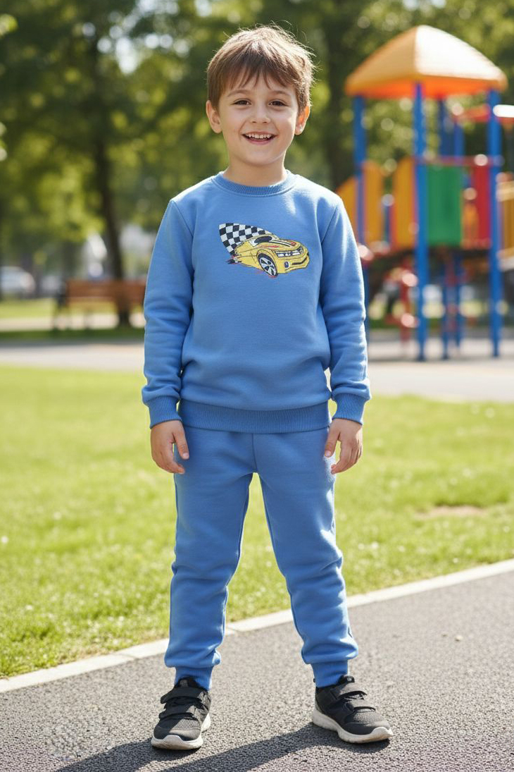 Erkek Çocuk Mavi Baskılı İki İplik Çocuk Pijama Takımı - 28273-MAVI
