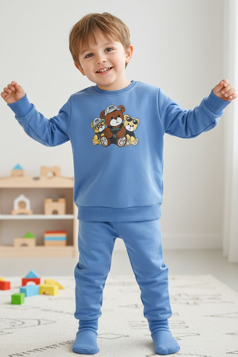 Erkek Çocuk Mavi Baskılı İki İplik Çocuk Pijama Takımı - 28274-MAVI