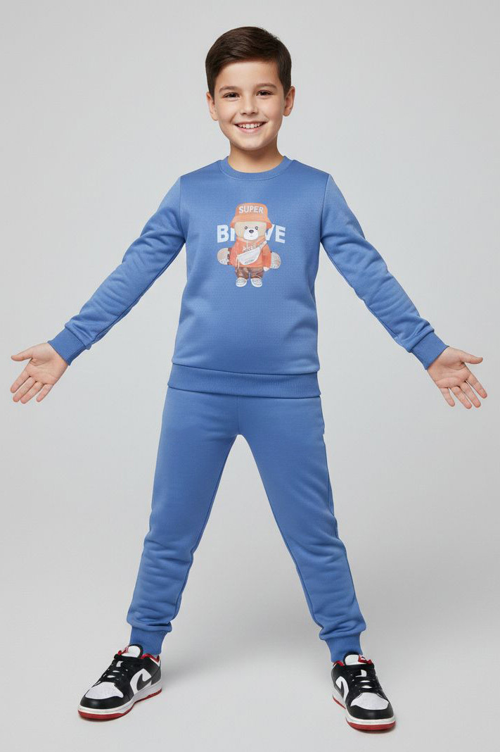 Erkek Çocuk Mavi Baskılı İki İplik Pijama Takımı - 28231-MAVI