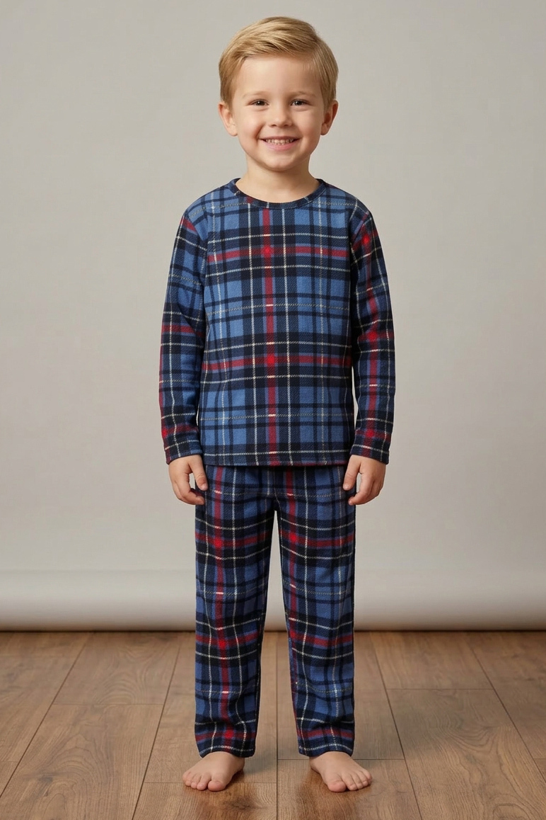 Erkek Çocuk Mavi Ekoseli Süet Pijama Takımı - 28327-MAVI