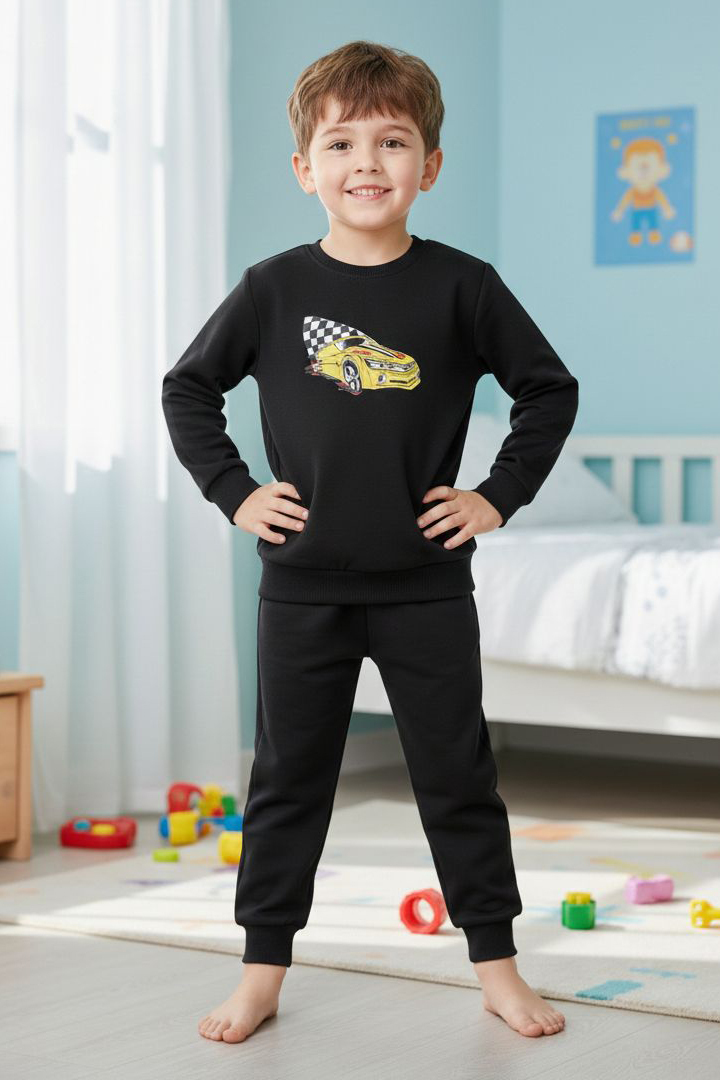 Erkek Çocuk Siyah Baskılı İki İplik Çocuk Pijama Takımı - 28273-SIYAH