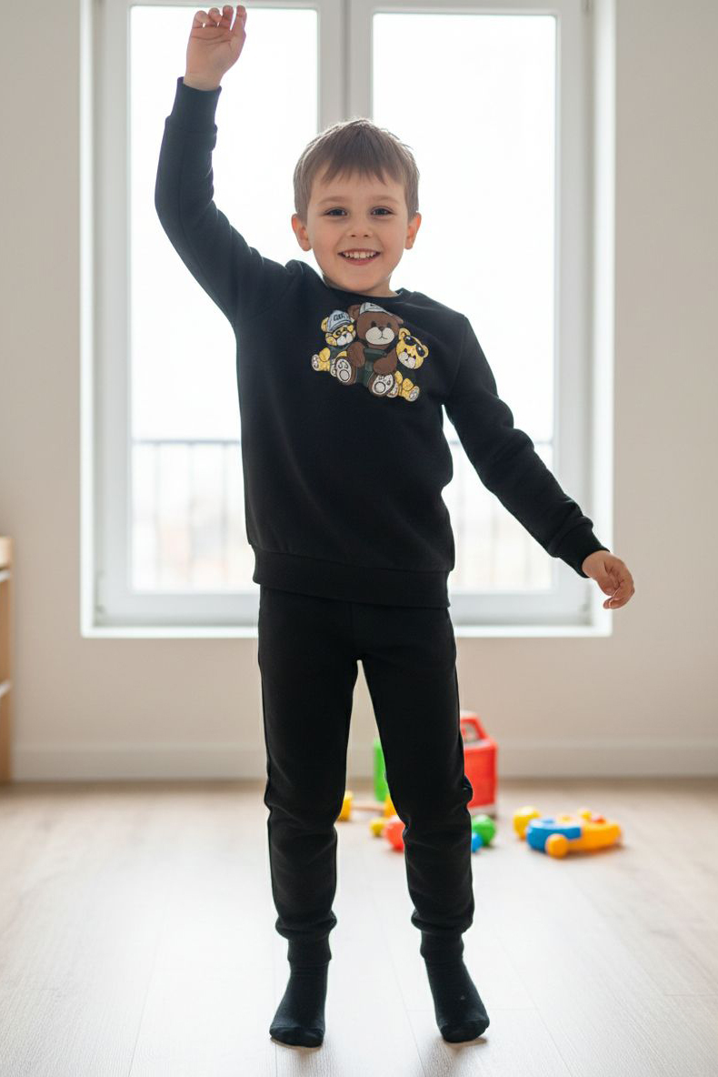 Erkek Çocuk Siyah Baskılı İki İplik Çocuk Pijama Takımı - 28274-SIYAH