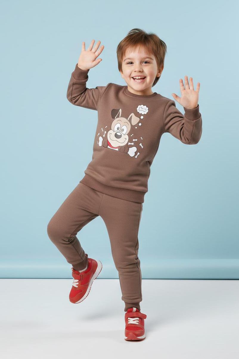 Erkek Çocuk Vizon Baskılı İki İplik Pijama Takımı - 28199-VIZON