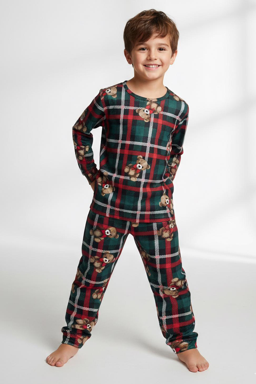 Erkek Çocuk Zümrüt Baskılı Süet Pijama Takımı - 28230-ZUMRUT